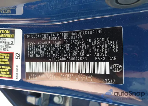 2025 Toyota Camry Se z USA, uszkodzony, nr VIN 4T1DBADK9SU022633